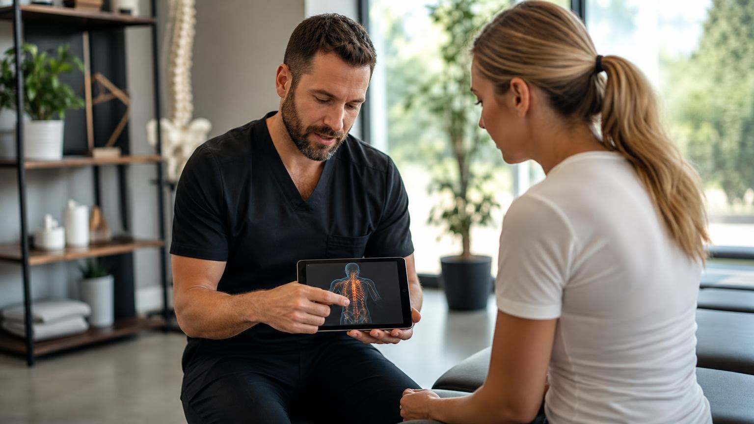 Male chiropractor in black scrubs showing a digital spinal scan on a tablet to a female patient in a bright, modern clinic.