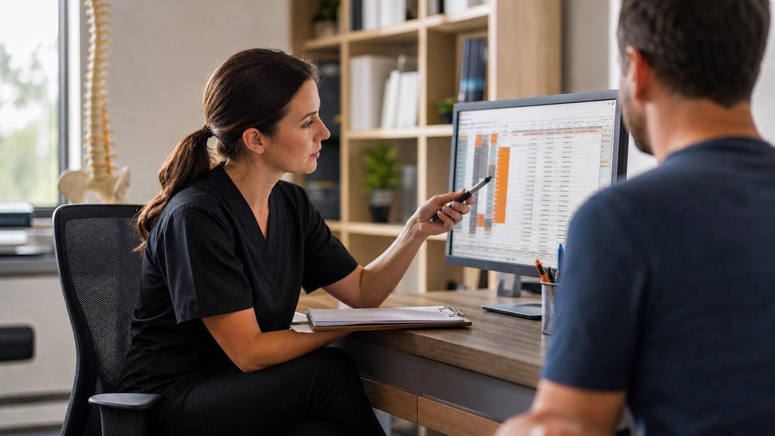 Female medical professional in black scrubs pointing at a spreadsheet on a computer monitor while consulting with a patient in a bright office.