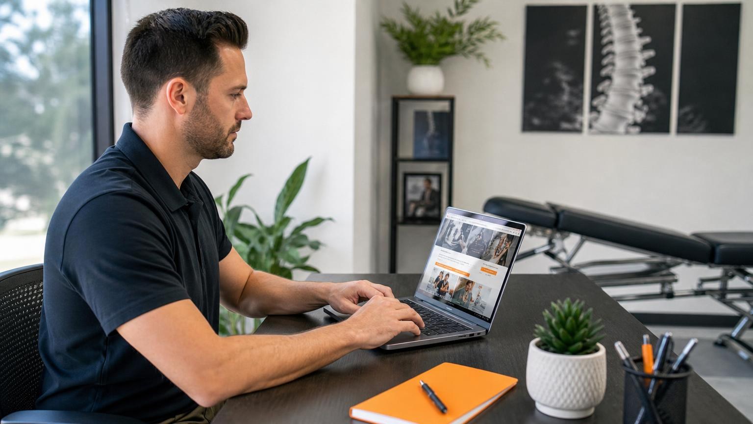 Male chiropractor in a black polo shirt working on a laptop in a bright office with a treatment table and spinal X-rays in the background.