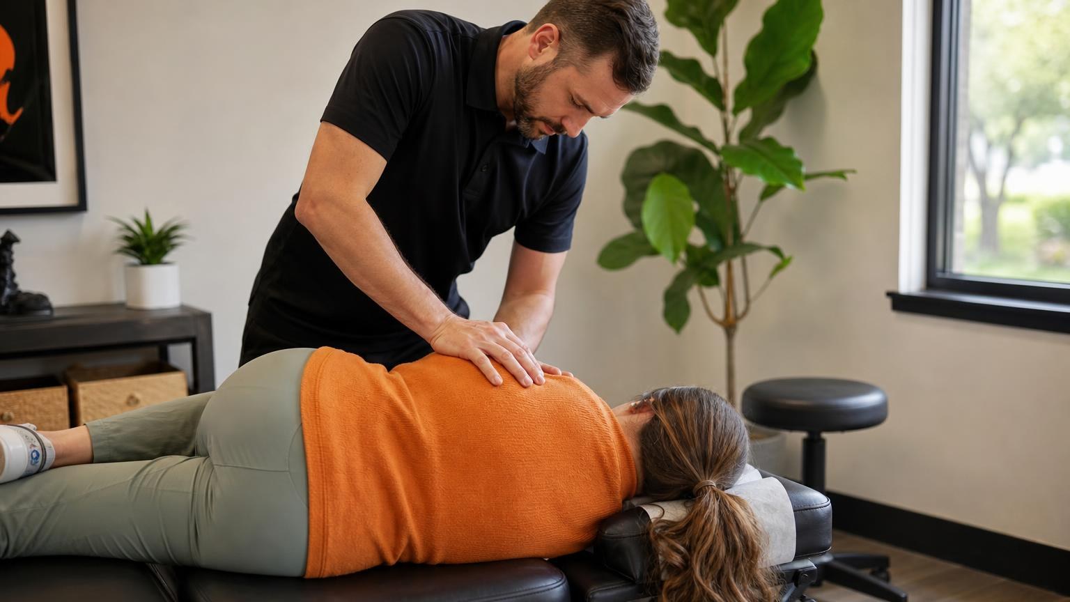 Male chiropractor in a black polo shirt performing a back adjustment on a woman in an orange sweater lying on a treatment table.