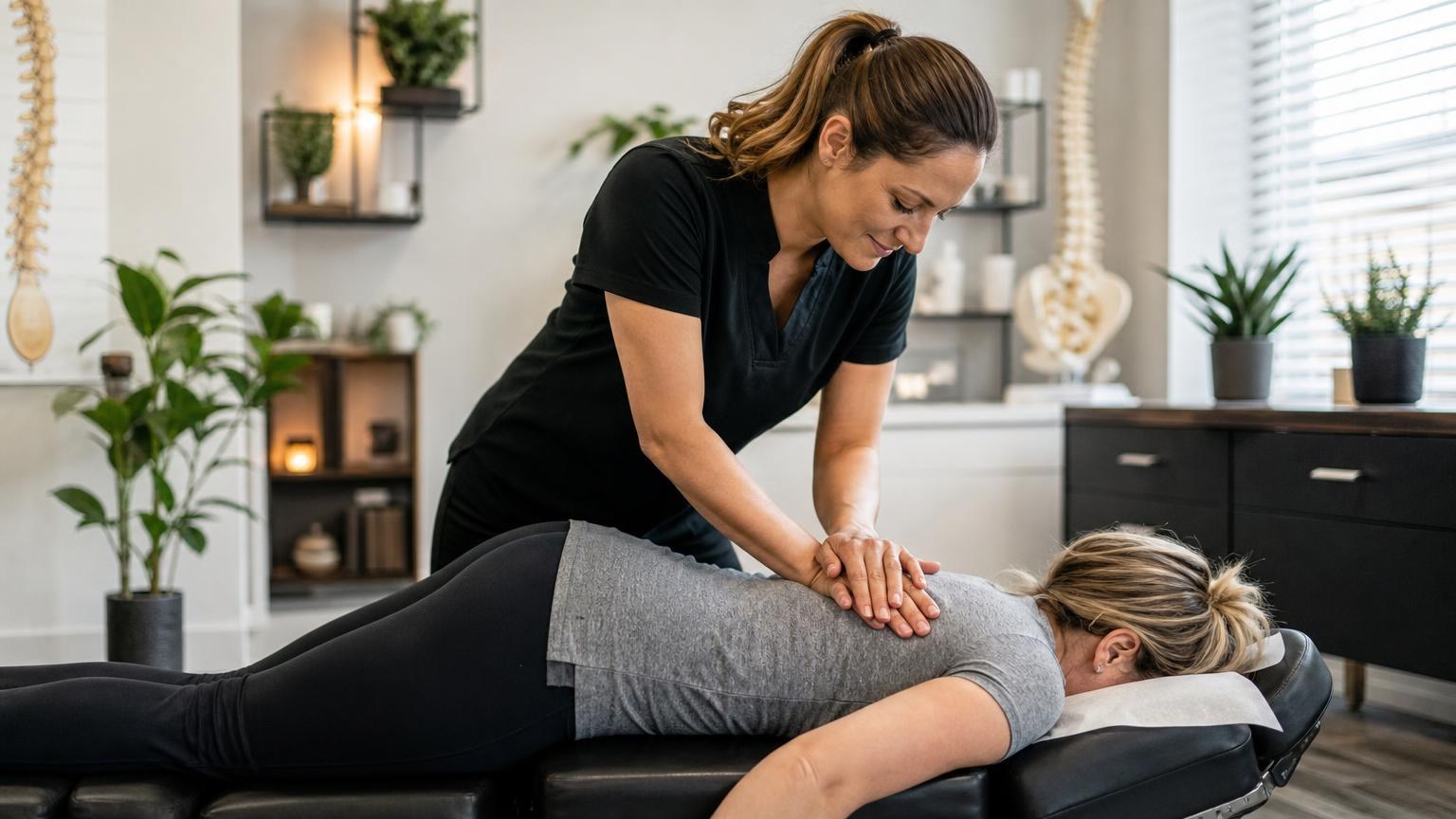 Female chiropractor in black scrubs performing a spinal adjustment on a patient in a bright, modern clinic with plants and a spine model.