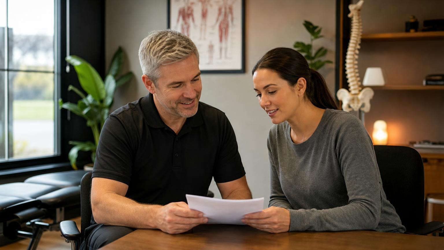 Male chiropractor and female patient reviewing a document together in a clinic with a spine model and anatomical chart in the background.