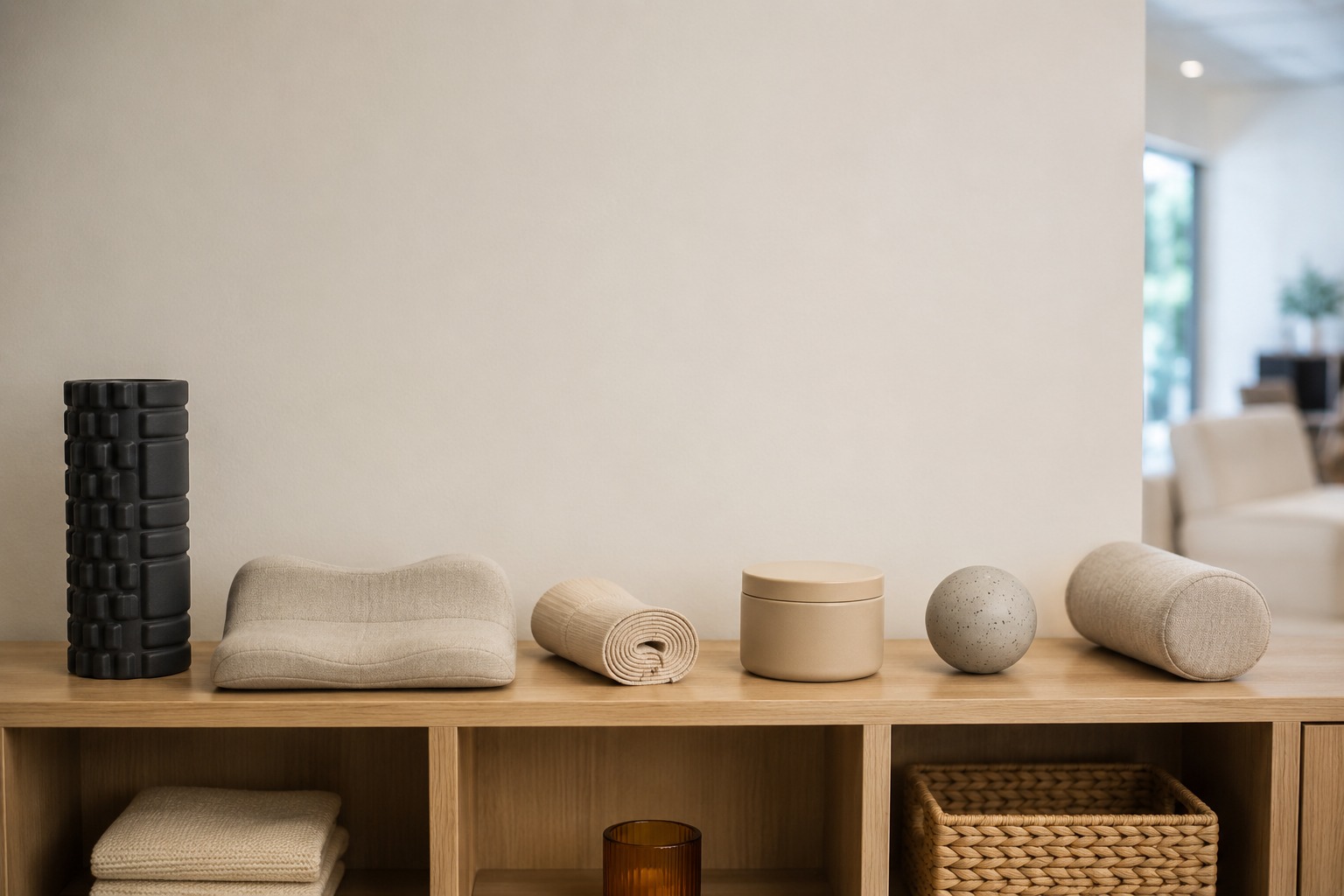 Supportive products displayed on a shelf in a chiropractic office