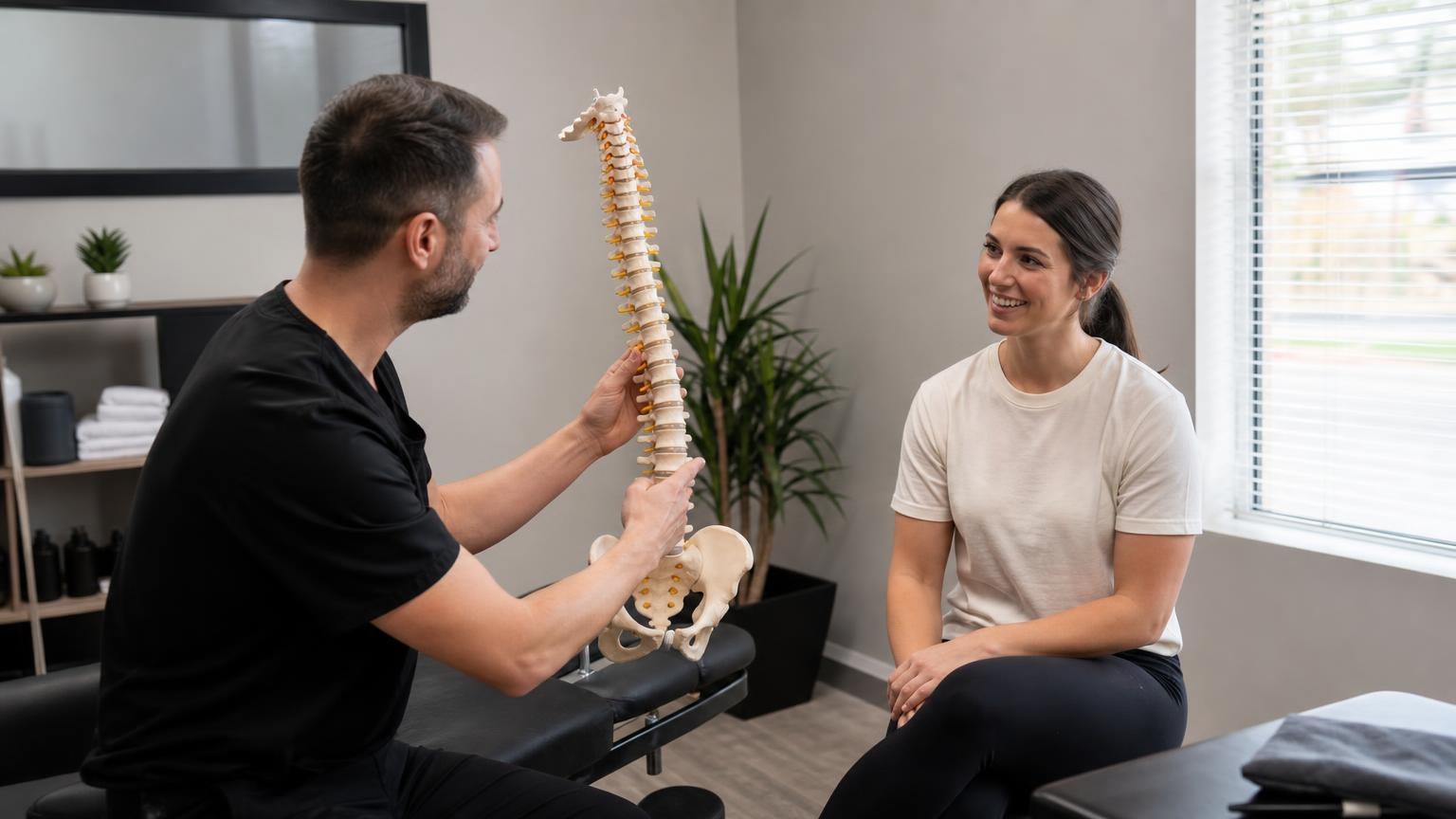 Male chiropractor in black scrubs showing a human spine model to a smiling female patient in a bright, modern clinic.