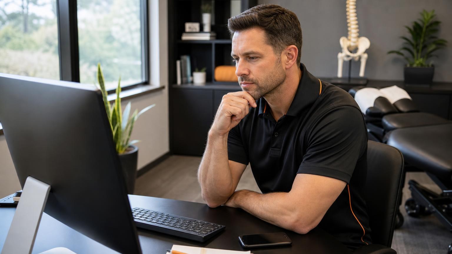 Male chiropractor in a black polo shirt looking thoughtfully at a computer monitor in a modern clinic with a spine model in the background.