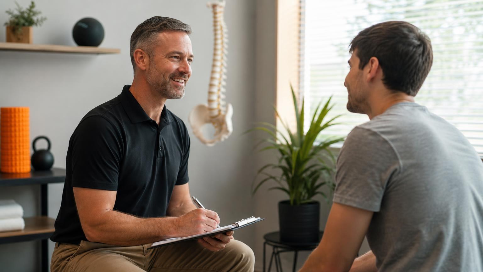 Smiling male chiropractor in a black polo shirt taking notes on a clipboard while consulting with a patient in a bright, modern clinic.