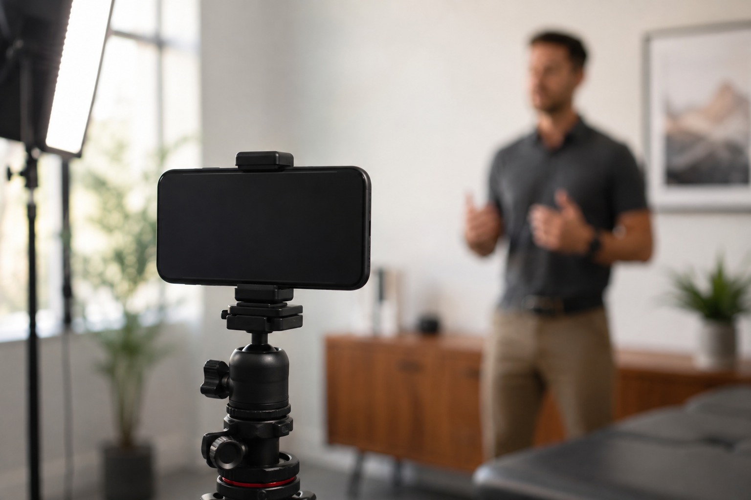 Chiropractor recording a video explainer in a practice treatment room