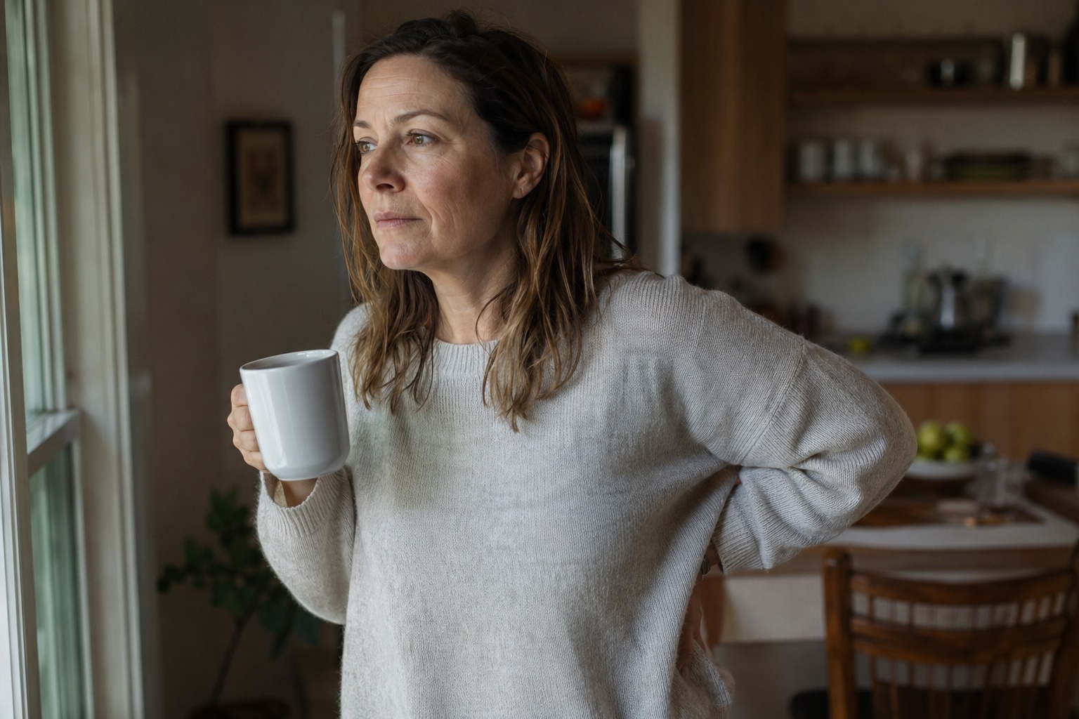 A former patient at home, managing discomfort on her own