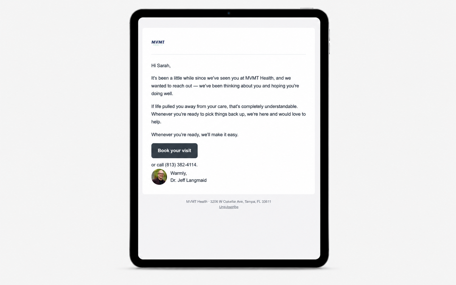 A Patient Pilot lifecycle email shown on a tablet