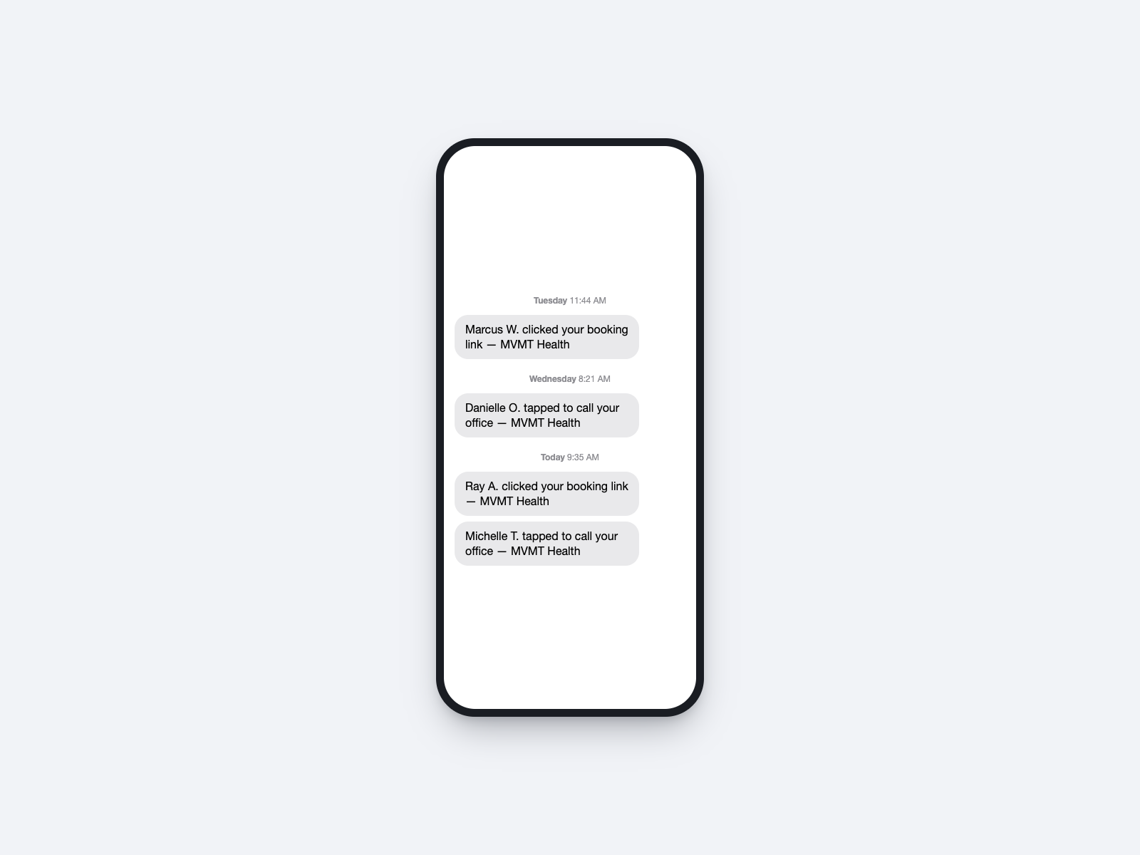 Text message alerts showing patients who clicked to book or call