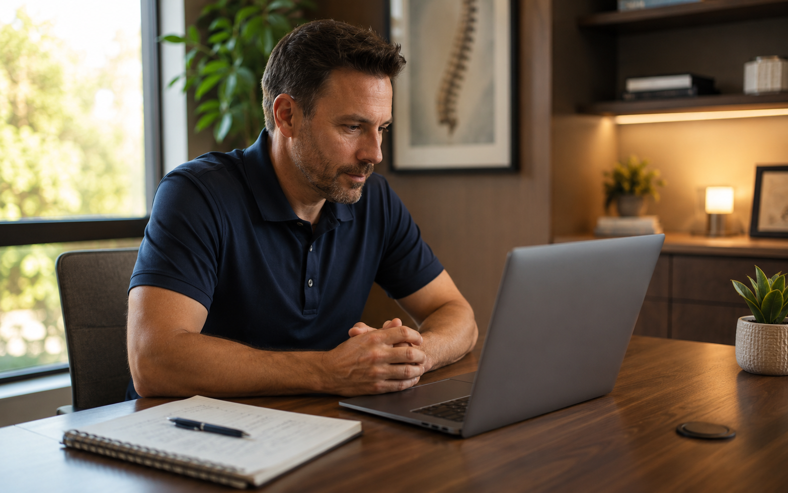 A chiropractor attending a virtual business summit from their office